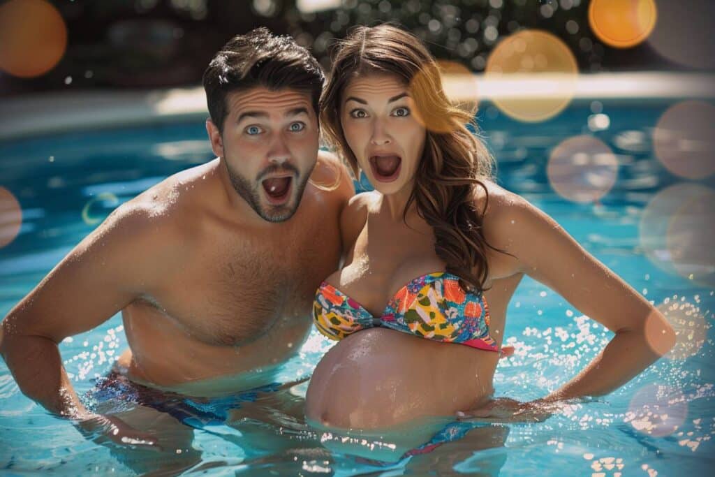 all images a surprised pregnant woman in a swimming pool with her husband